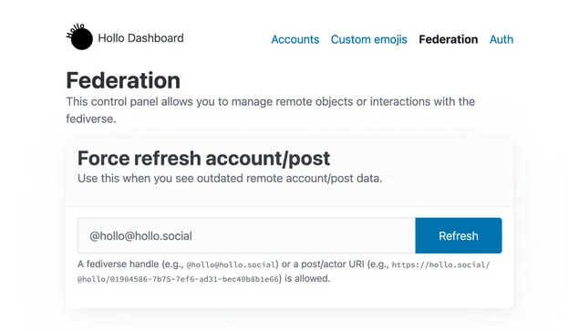 The administration dashboard in the next version of Hollo. There is a Federation menu instead of a Data menu.