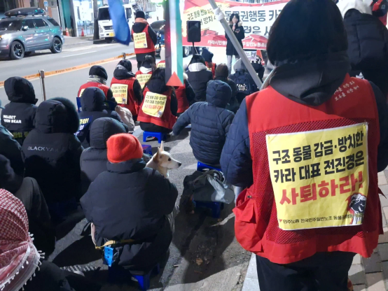 집회. "구조 동물 감금·방치한 카라 대표 전진경은 사퇴하라!"라고 적힌 옷의 문구가 보이고, 앉은 사람이 안고 있는 강아지의 머리가 보인다.