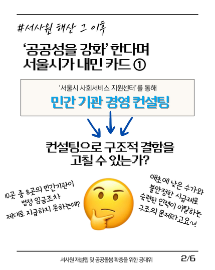 (2/6)
#서사원_해산_그_이후
'공공성을 강화'한다며 서울시가 내민 카드 ①
['서울시 사회서비스 지원센터'를 통해 민간 기관 경영 컨설팅]
-> 컨설팅으로 구조적 결함을 고칠 수 있는가?

(심각하게 고민하는 이모티콘):
"10곳 중 8곳의 민간기관이 법정 임금조차 제대로 지급하지 못하는데?"
"애초에 낮은 수가와 불안정한 시급제로 숙련된 인력이 이탈하는 구조의 문제라고요~!"
