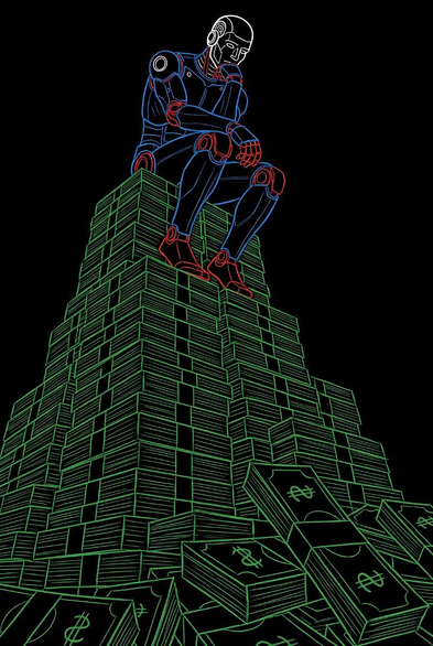 An illustration of a robot sitting in a contemplative pose, mimicking Rodin's "The Thinker," perched atop a massive, pyramid-shaped stack of money. The artwork is a minimalist line-art style with neon-colored outlines against a solid black background. The robot is primarily outlined in blue and red with a white-outlined head, while the vast pile of bundled banknotes beneath it is outlined in green, with visible dollar signs on the loose bundles at the base.