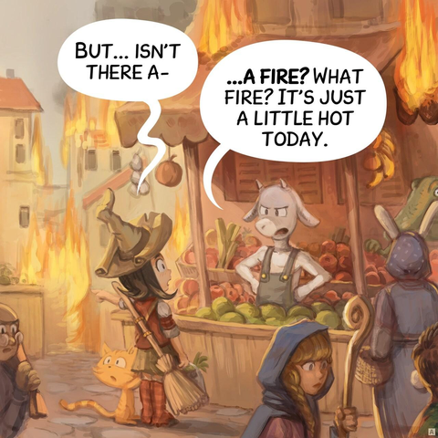 Panel 1. Pepper and Carrot, a young witch with her cat, is buying vegetable at the market, with her broom on her back. The city is half in flames, yet it's still market day and people are everywhere. The seller, an halfing goat, responds to her.
> Pepper: ""But... isn't there a−"
> Seller: "−a fire? What fire? It's just a little hot today."