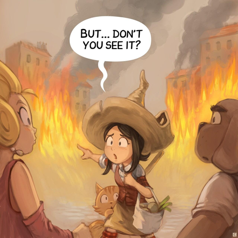 Panel 3. Pepper points at the fire in the background, to the suprise of the lady and man.
> Pepper: "But... Don't you see it?"